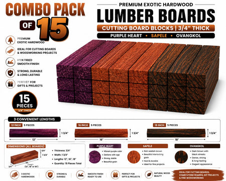Combo Pack of 15 Exotic Hardwood Lumber Boards – Purple Heart, Sapele & Ovangkol – 3/4" Thick Cutting Board Blanks
