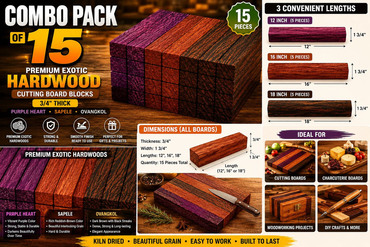Combo Pack of 15 Exotic Hardwood Lumber Boards – Purple Heart, Sapele & Ovangkol – 3/4" Thick Cutting Board Blanks