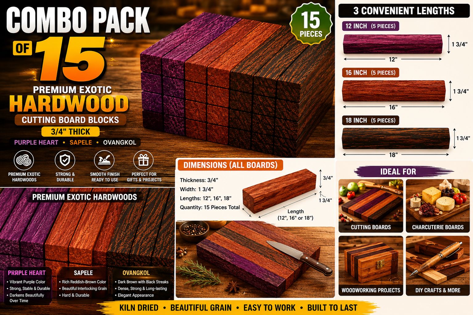Combo Pack of 15 Exotic Hardwood Lumber Boards – Purple Heart, Sapele & Ovangkol – 3/4" Thick Cutting Board Blanks