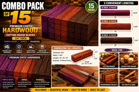 Combo Pack of 15 Exotic Hardwood Lumber Boards – Purple Heart, Sapele & Ovangkol – 3/4" Thick Cutting Board Blanks
