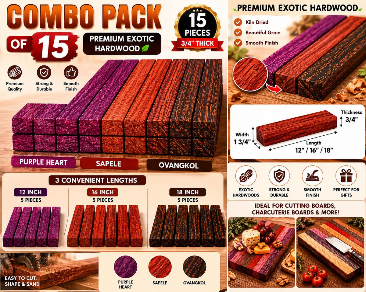 Combo Pack of 15 Exotic Hardwood Lumber Boards – Purple Heart, Sapele & Ovangkol – 3/4" Thick Cutting Board Blanks
