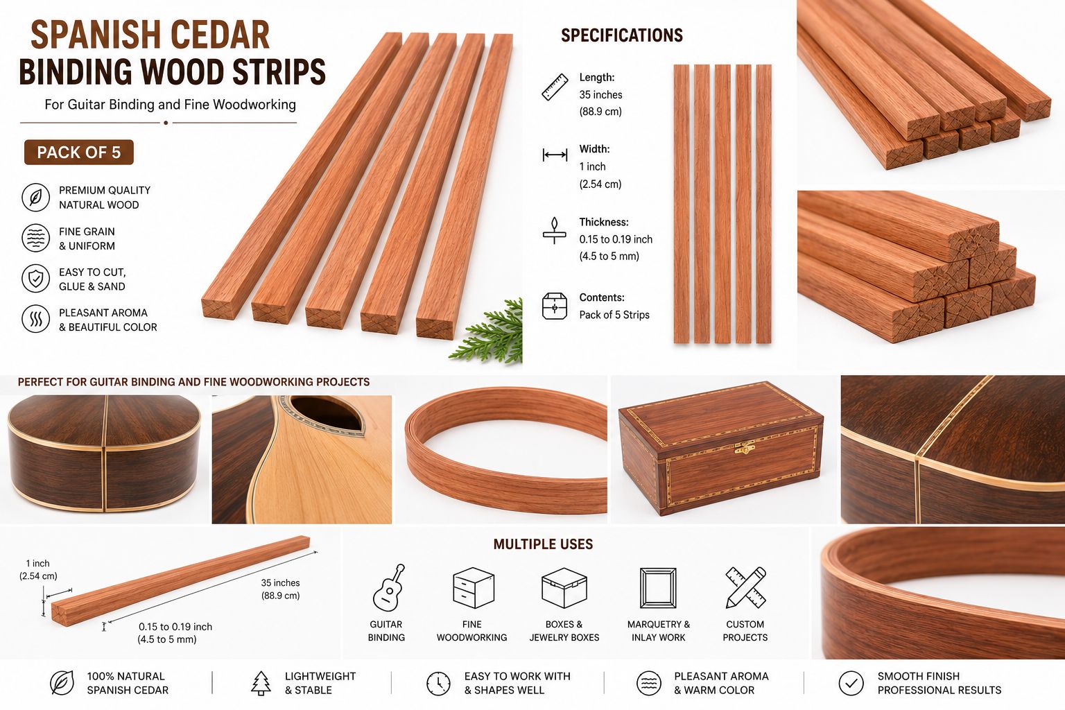 Pack of 5 Spanish Cedar Binding Wood Strips – Premium Tonewood for Guitar & Luthier Projects
