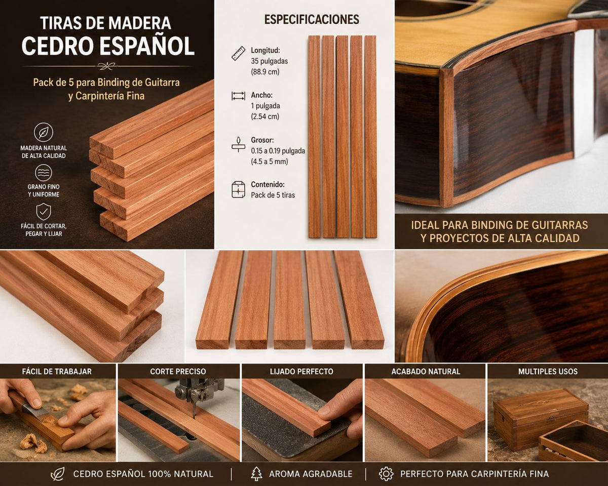 Pack of 5 Spanish Cedar Binding Wood Strips – Premium Tonewood for Guitar & Luthier Projects