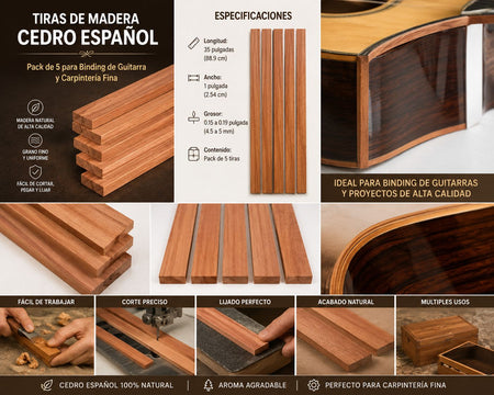 Pack of 5 Spanish Cedar Binding Wood Strips – Premium Tonewood for Guitar & Luthier Projects
