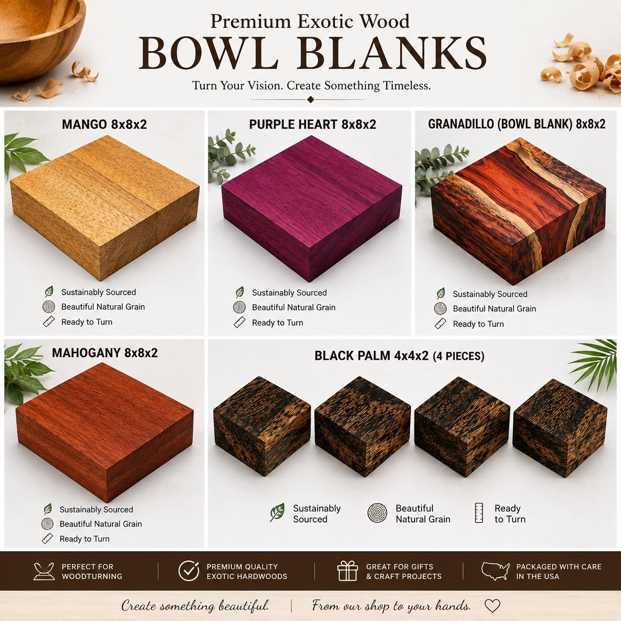 Exotic Hardwood Bowl Blank Combo Pack: Mango, Purpleheart, Granadillo, Mahogany, Black Palm