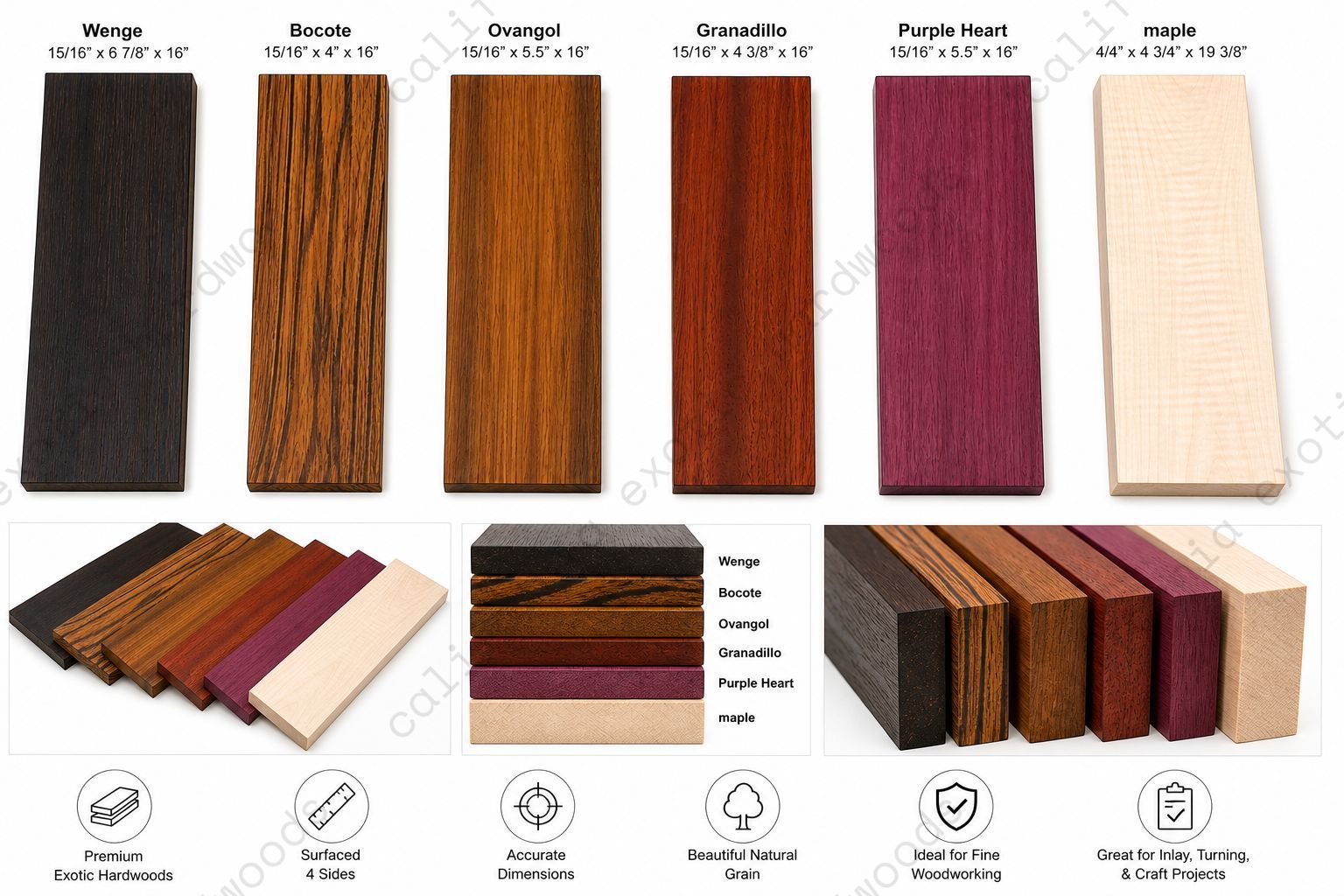 Exotic Lumber Bundle – 6 Pc Set (Wenge, Bocote, Ovangkol, Granadillo, Maple, Purpleheart)