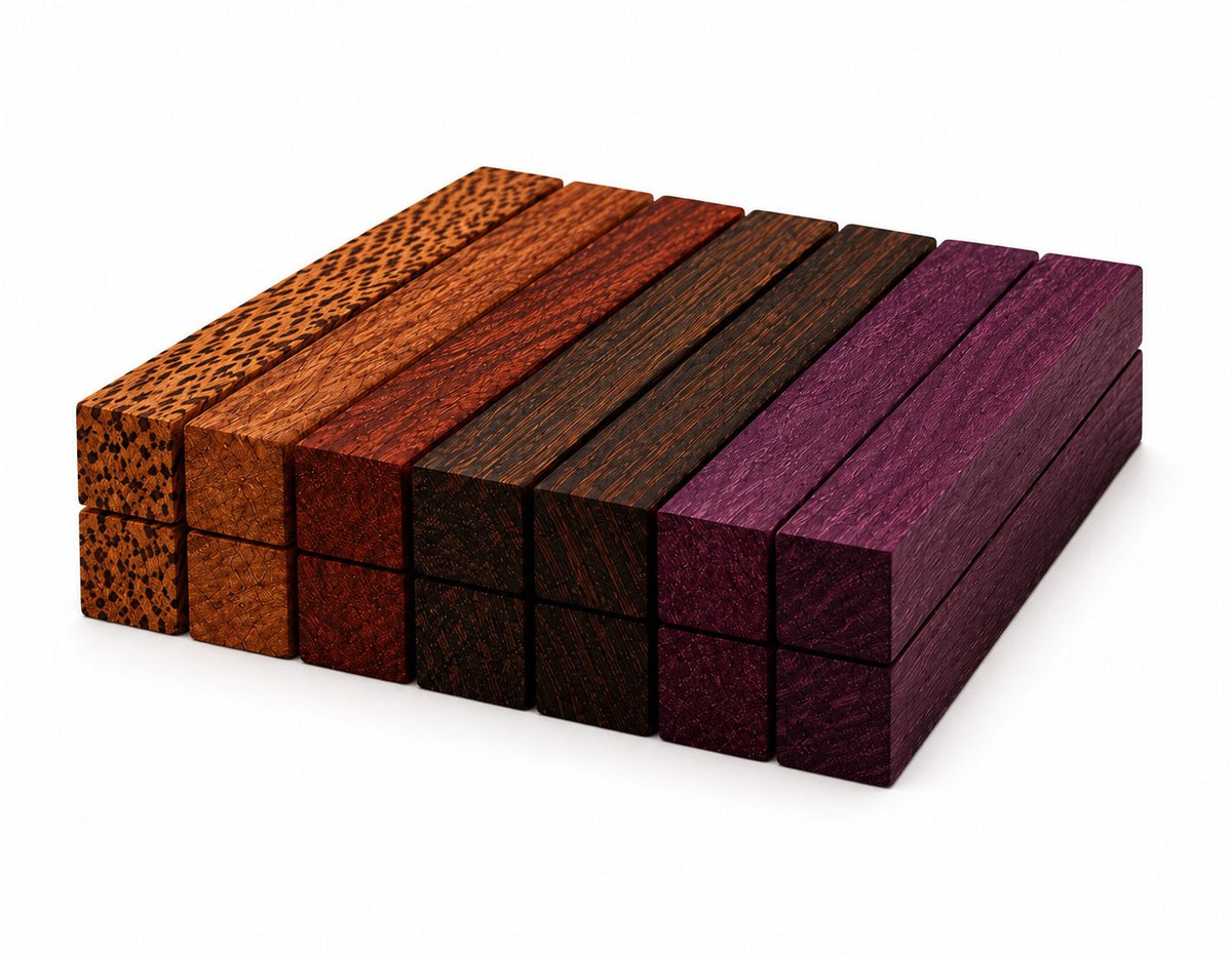 Combo Pack of 15 Exotic Hardwood Lumber Boards – 3/4" Thick Cutting Board Blanks – Leopardwood, Granadillo, Ovangkol & Purple Heart