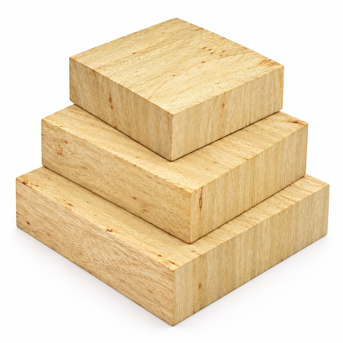Solid square block of kiln-dried White Limba hardwood blank isolated on a white background, featuring fine wood grain patterns and pale golden-yellow hues.