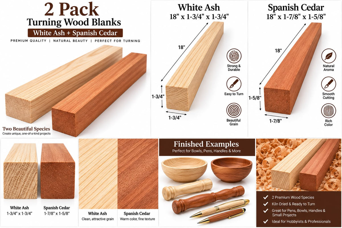 A product information graphic for a 2-pack of turning wood blanks made from White Ash and Spanish Cedar. The graphic shows two main types of wood blanks with dimensions, two smaller wood blanks, and several finished wooden bowl, handle, and tool examples.
