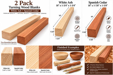 A product information graphic for a 2-pack of turning wood blanks made from White Ash and Spanish Cedar. The graphic shows two main types of wood blanks with dimensions, two smaller wood blanks, and several finished wooden bowl, handle, and tool examples.