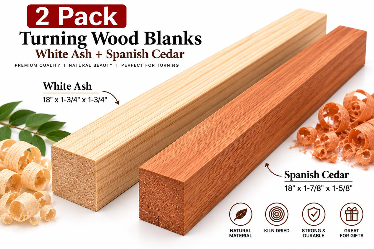 Two wooden turning blanks shown on a white background with text labels for White Ash and Spanish Cedar, plus decorative wood shavings and leaves. The top banner reads '2 Pack' and the image promotes white ash and Spanish cedar blanks suitable for turning.