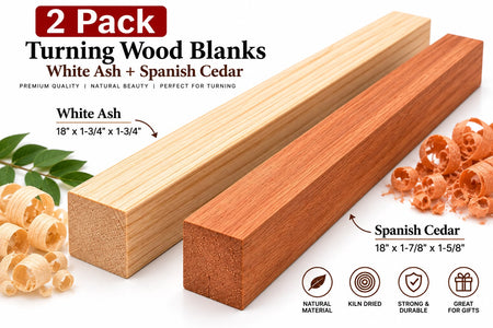 Two wooden turning blanks shown on a white background with text labels for White Ash and Spanish Cedar, plus decorative wood shavings and leaves. The top banner reads '2 Pack' and the image promotes white ash and Spanish cedar blanks suitable for turning.