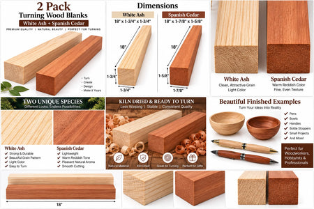 A promotional infographic for a 2-pack of turning wood blanks, showing white ash and Spanish cedar blocks, dimension callouts, texture closeups, and example finished bowls on a white background.