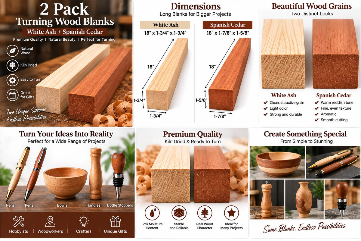 A promotional collage for a 2-pack of turning wood blanks in White Ash and Spanish Cedar. The layout features product photos of wood blocks, dimension diagrams, benefits callouts, and example images of turned wooden items like bowls, bottle jiggers, and a candle holder.