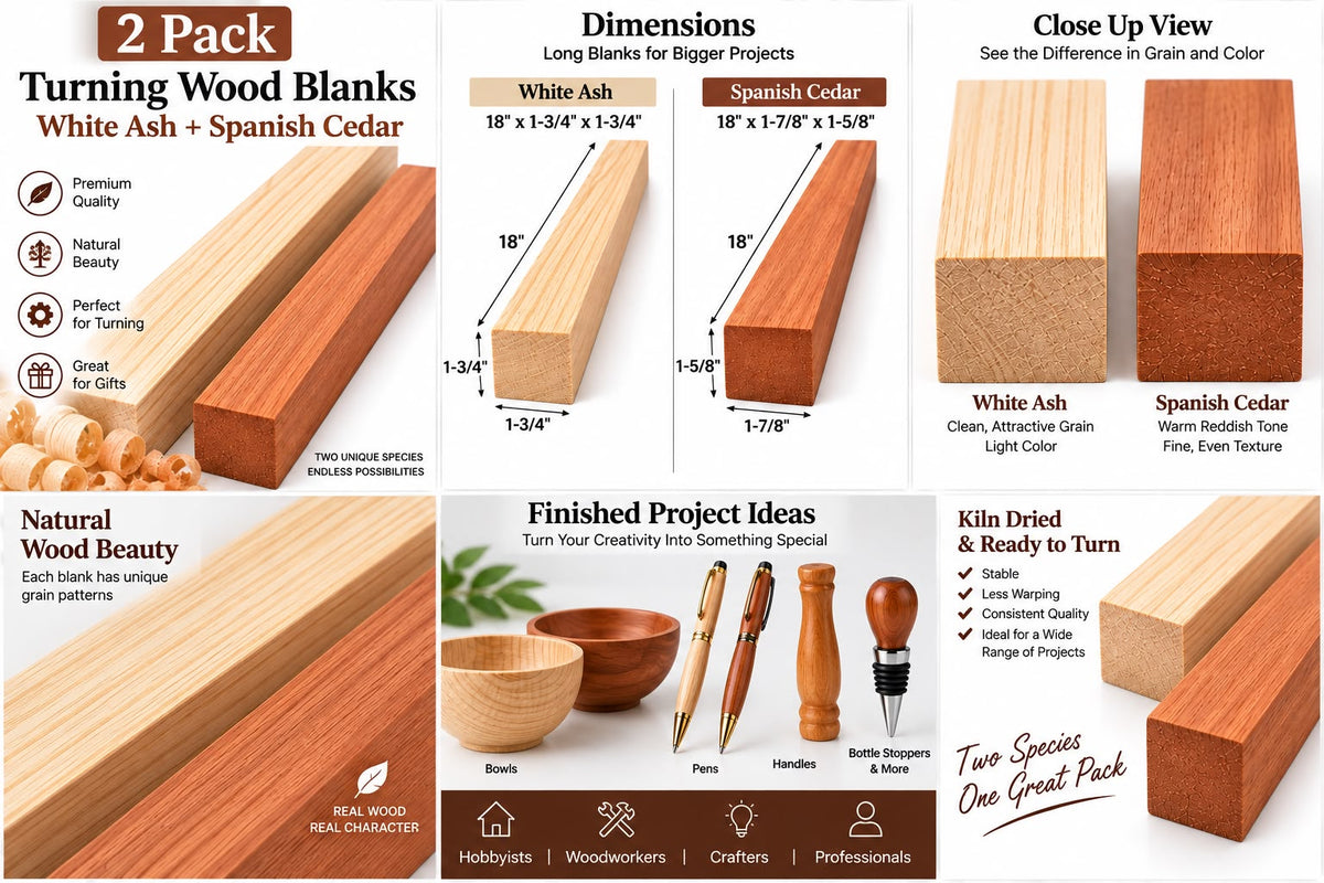 A 2-pack of turning wood blanks in White Ash and Spanish Cedar, shown in a multi-panel product infographic. The graphic features close-up views of the wood grain, dimension diagrams (ranging from 1 1/4 inches to 1 7/8 inches), a 'Close Up View' comparison, and 'Finished Project Ideas' showing the wood blanks in use with a lathe and carving tools.