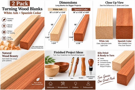 A 2-pack of turning wood blanks in White Ash and Spanish Cedar, shown in a multi-panel product infographic. The graphic features close-up views of the wood grain, dimension diagrams (ranging from 1 1/4 inches to 1 7/8 inches), a 'Close Up View' comparison, and 'Finished Project Ideas' showing the wood blanks in use with a lathe and carving tools.
