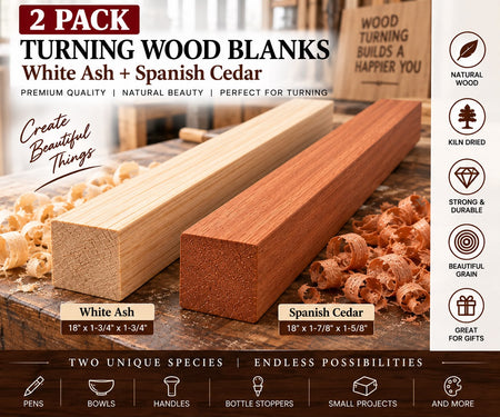 A 2-pack of premium wood blanks for turning, featuring one light beige wood blank labeled White Ash and one reddish-brown wood blank labeled Spanish Cedar. The image is a promotional graphic with wood shavings, a workbench background, and feature icons on the right side.