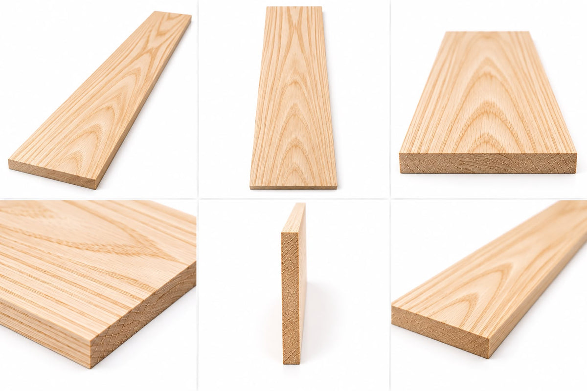 Multiple-angle display of a single Swamp Ash lumber board showing top view, angled perspective, end grain thickness, and close-up wood grain texture against a plain white background.