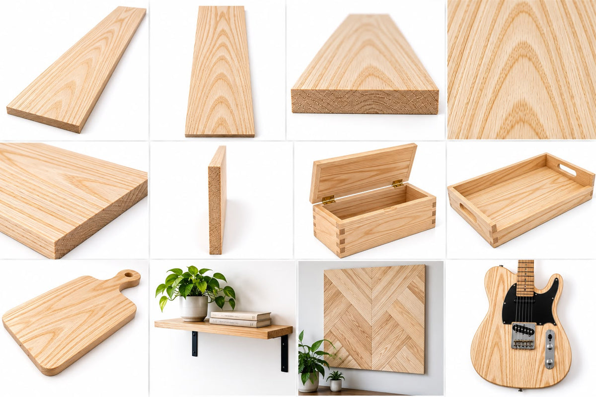 A multi-panel grid displaying Swamp Ash lumber stock views alongside finished projects, including a wooden box, serving tray, cutting board, floating wall shelf, chevron wall panel, and a Telecaster-style electric guitar body.