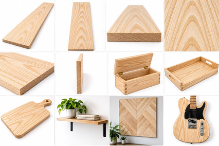 A multi-panel grid displaying Swamp Ash lumber stock views alongside finished projects, including a wooden box, serving tray, cutting board, floating wall shelf, chevron wall panel, and a Telecaster-style electric guitar body.
