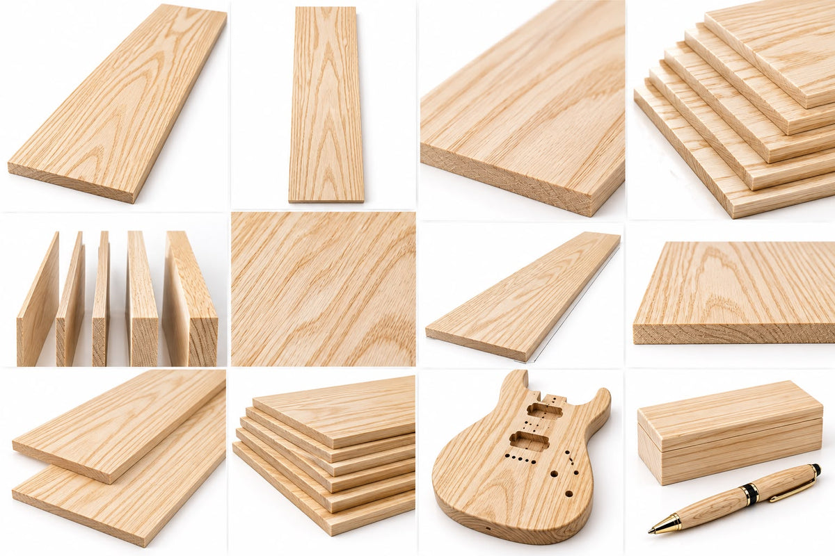 A multi-panel grid featuring kiln-dried Swamp Ash lumber stock views, including flat-sawn grain textures, stacked board thicknesses, angled perspectives, an unfinished electric guitar body, a crafted wooden box, and a wooden pen.
