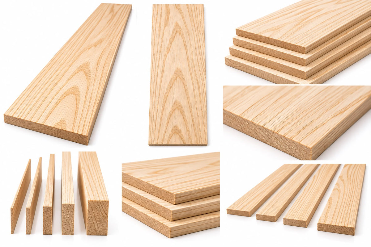 Multiple light natural wood boards and strips shown in different shapes and sizes on a clean white background, including flat planks, stacked sheets, and edge pieces.