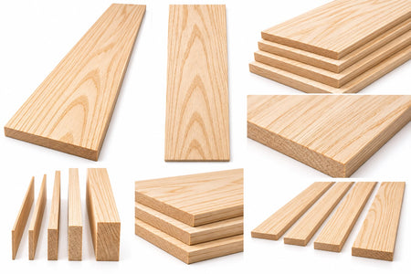 Multiple light natural wood boards and strips shown in different shapes and sizes on a clean white background, including flat planks, stacked sheets, and edge pieces.
