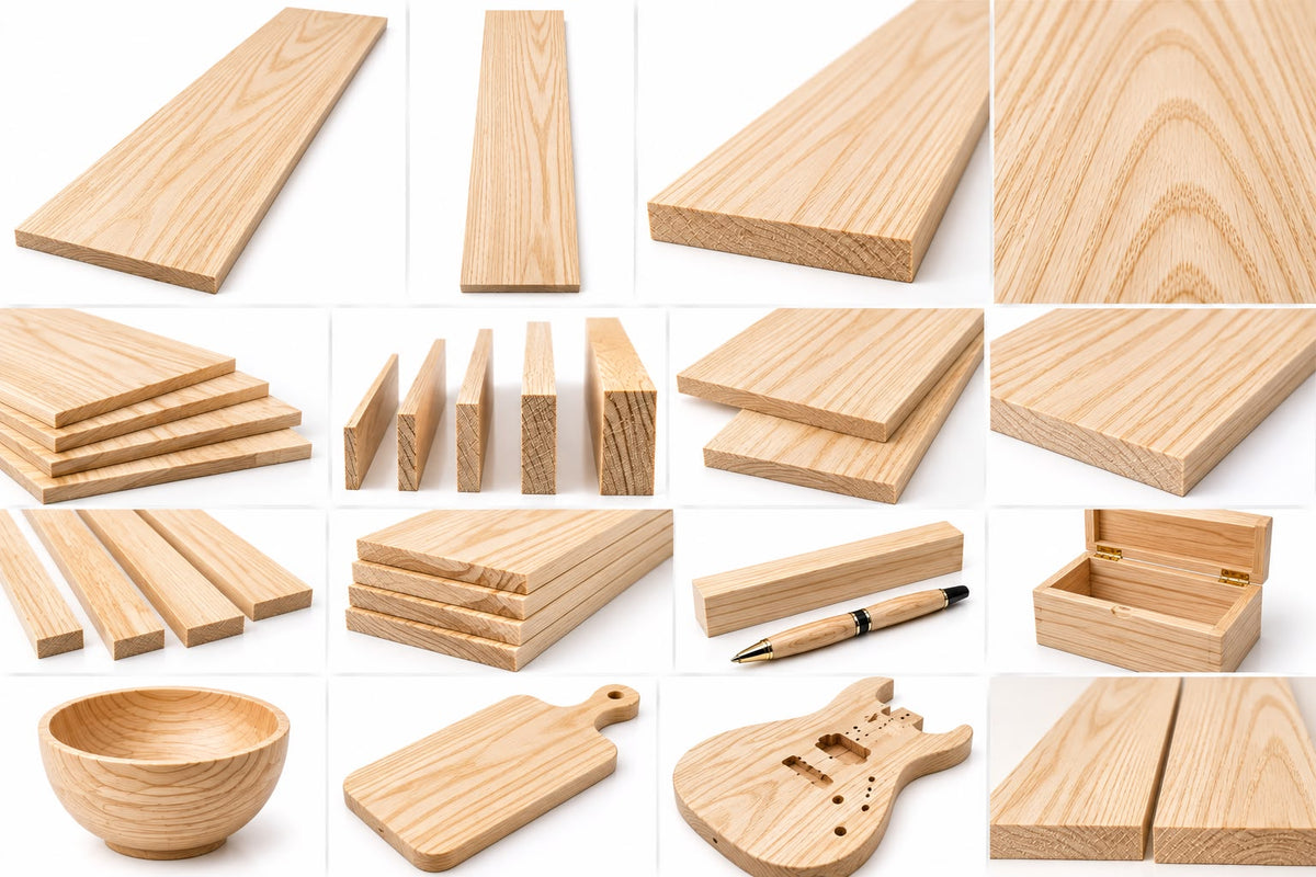 A collage of light natural wood pieces and panels shown on a white background, including long boards, stacked wood samples, a bowl, a cutting board, a guitar-shaped object, and a small box.