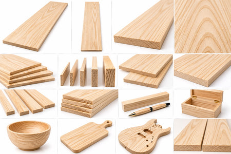 A collage of light natural wood pieces and panels shown on a white background, including long boards, stacked wood samples, a bowl, a cutting board, a guitar-shaped object, and a small box.
