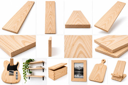 A collage of light natural wood boards and furniture pieces on a white background, including a guitar-shaped shelf, shelving unit, box, framed picture, cutting board, and phone stand.