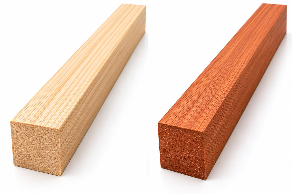 Two rectangular wood blocks with visible grain, one light natural wood and one reddish-brown wood, shown on a white background.